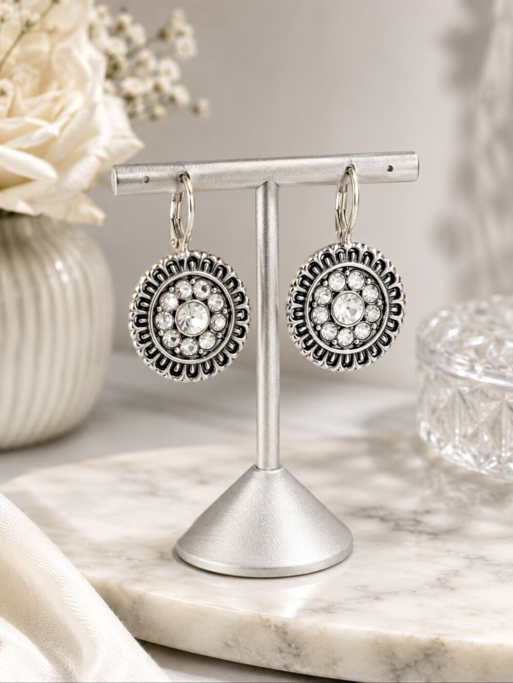 Round Medalstyle  Silver Crystal Earrings With A Touch Of Black